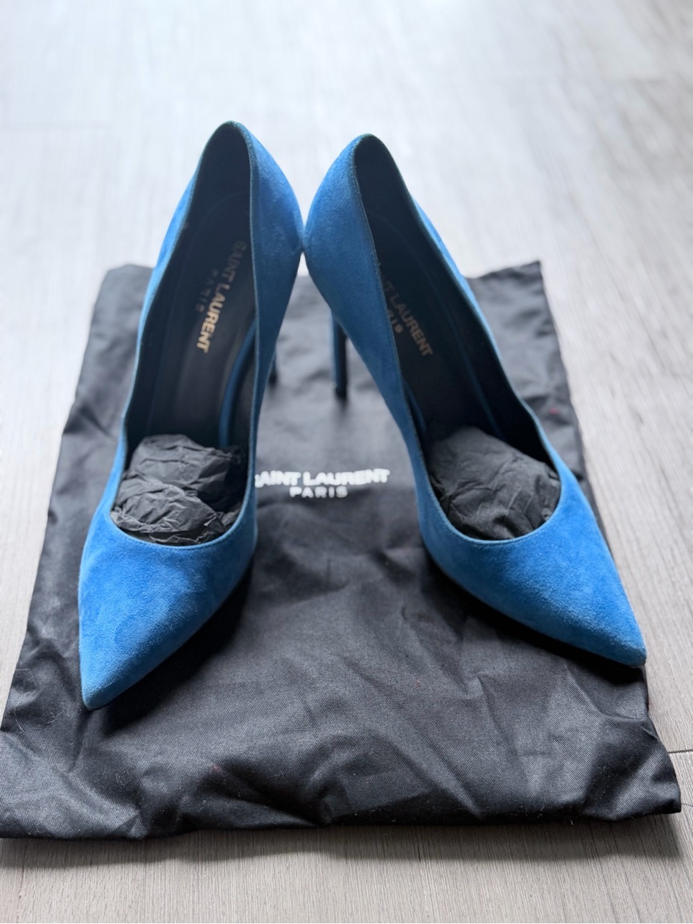 Saint Laurent Cobalt Suede Pointed Toe Stilettos - Picture 1 of 11